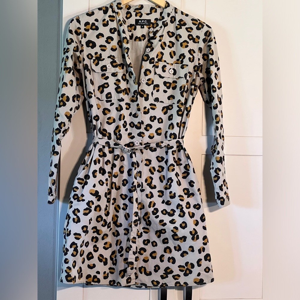 A. P. C. Rue Madame Paris cotton twill belted animal print mini shirt dress, s M